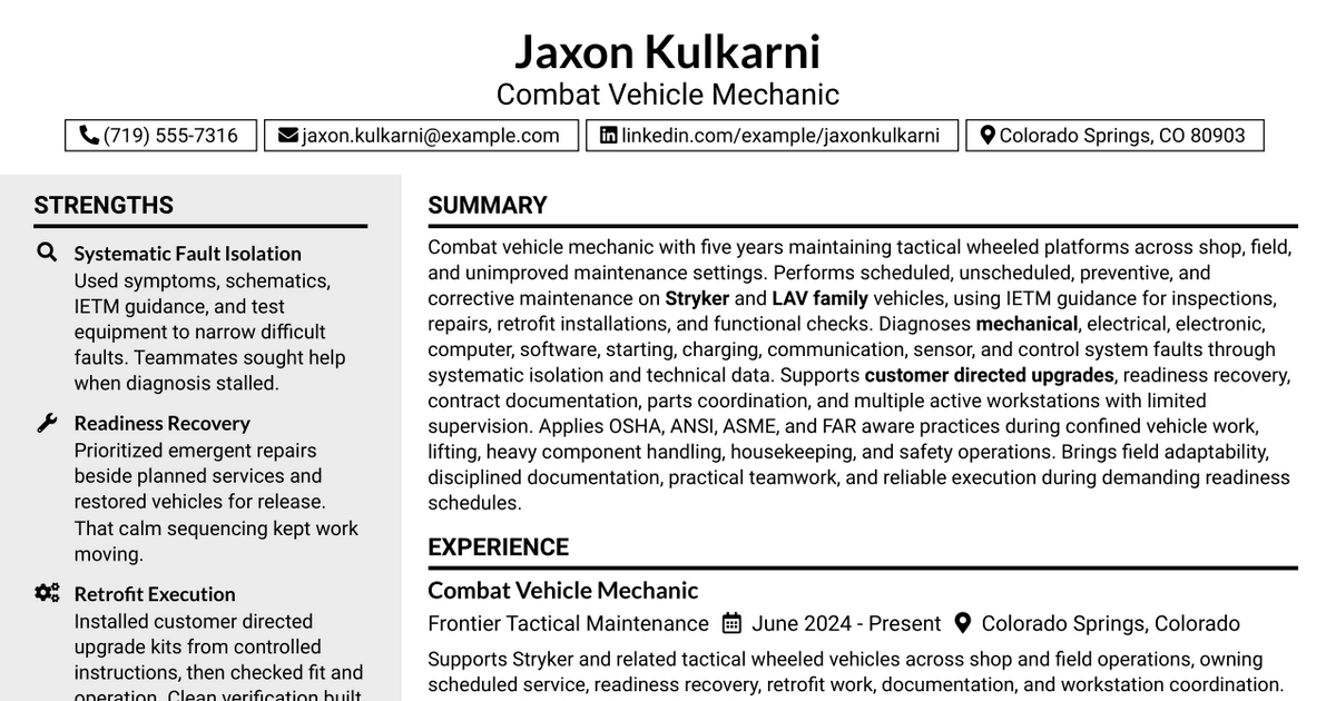 7 Combat Vehicle Mechanic Resume Templates with Example