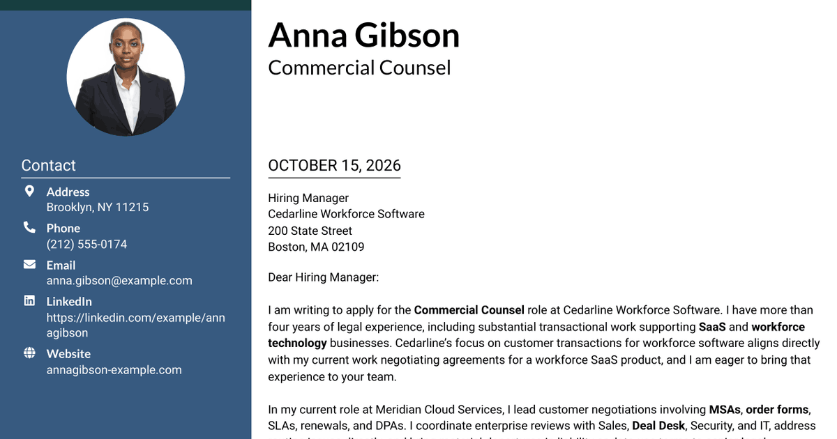 7 Commercial Counsel - SaaS Commercial Contracts Cover Letter Templates with Example