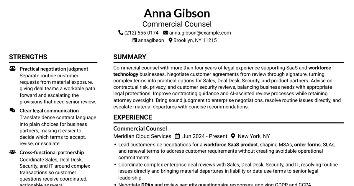 7 Commercial Counsel - SaaS Commercial Contracts Resume Templates with Example