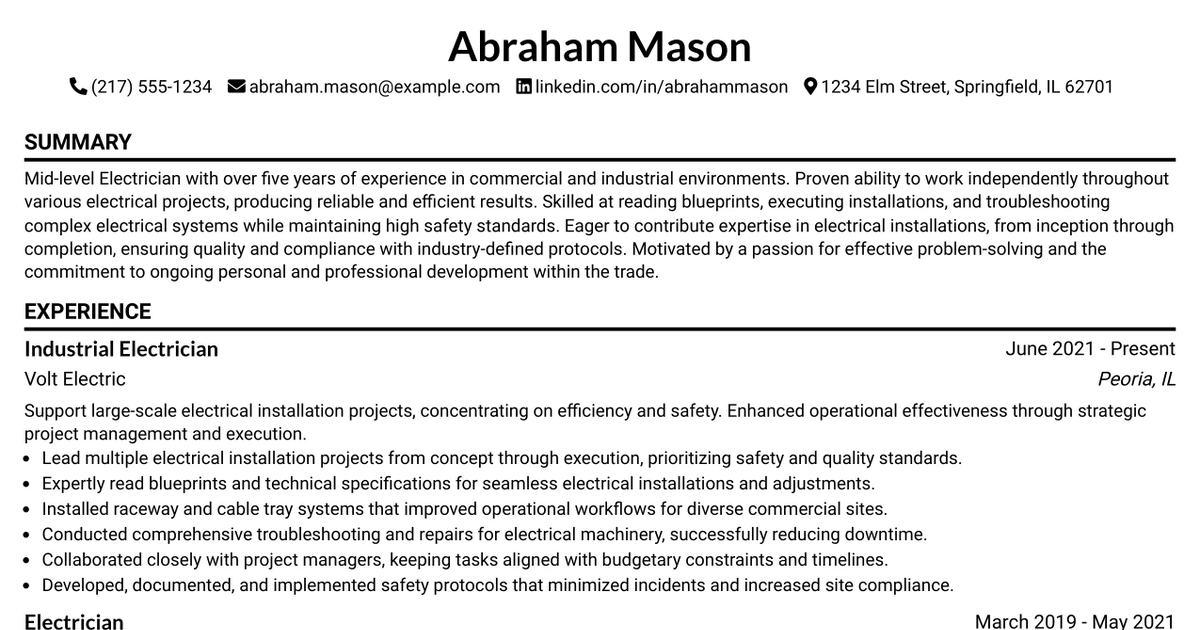 33 Commercial/Industrial Electrician Resume Templates with Example 2026 (ATS-Optimized)
