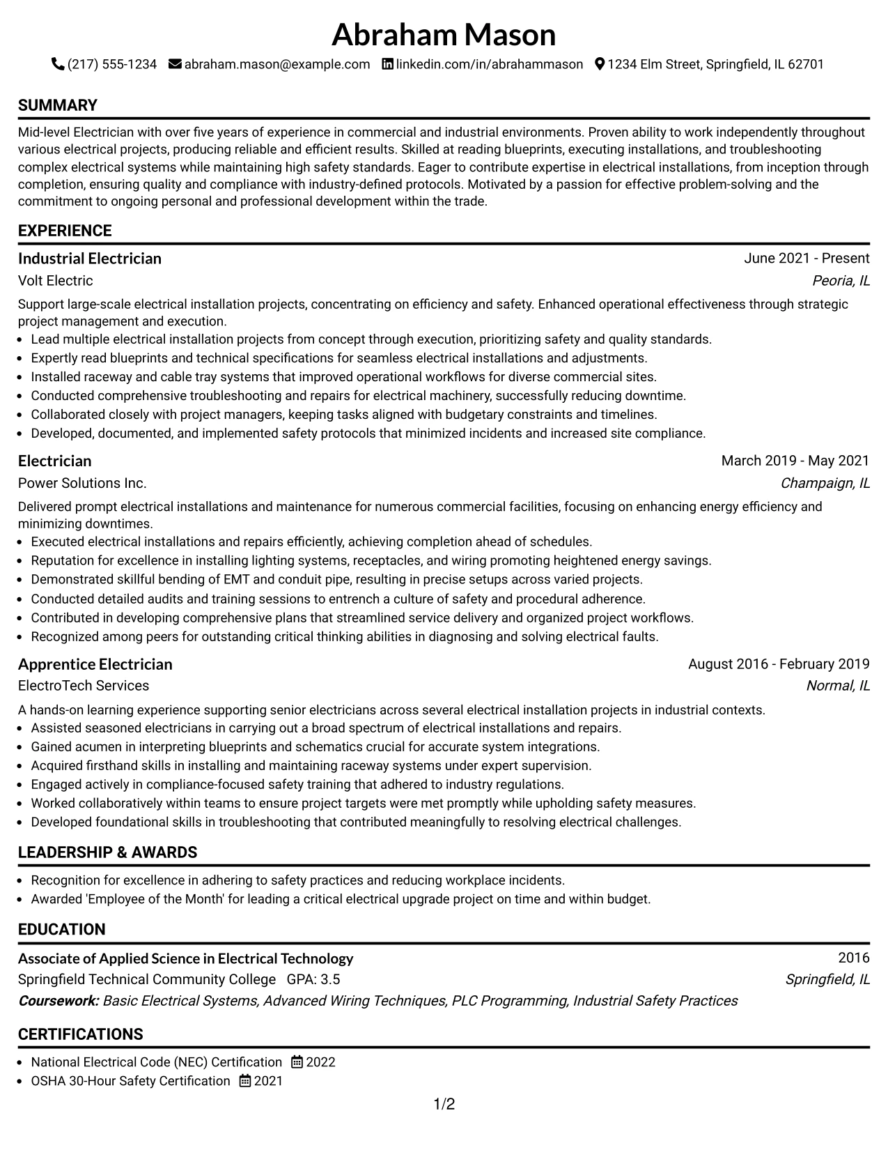 Resume Example Page 1