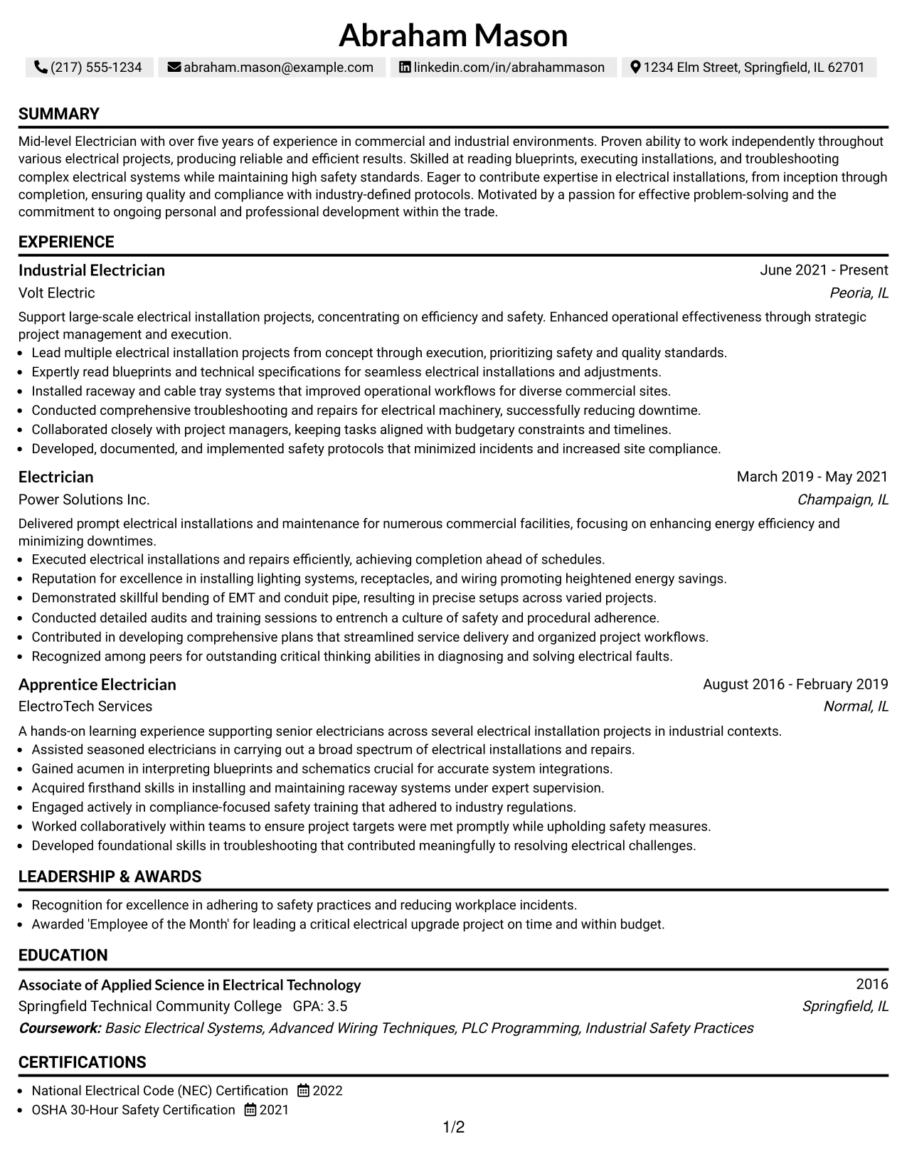 Resume Example Page 1