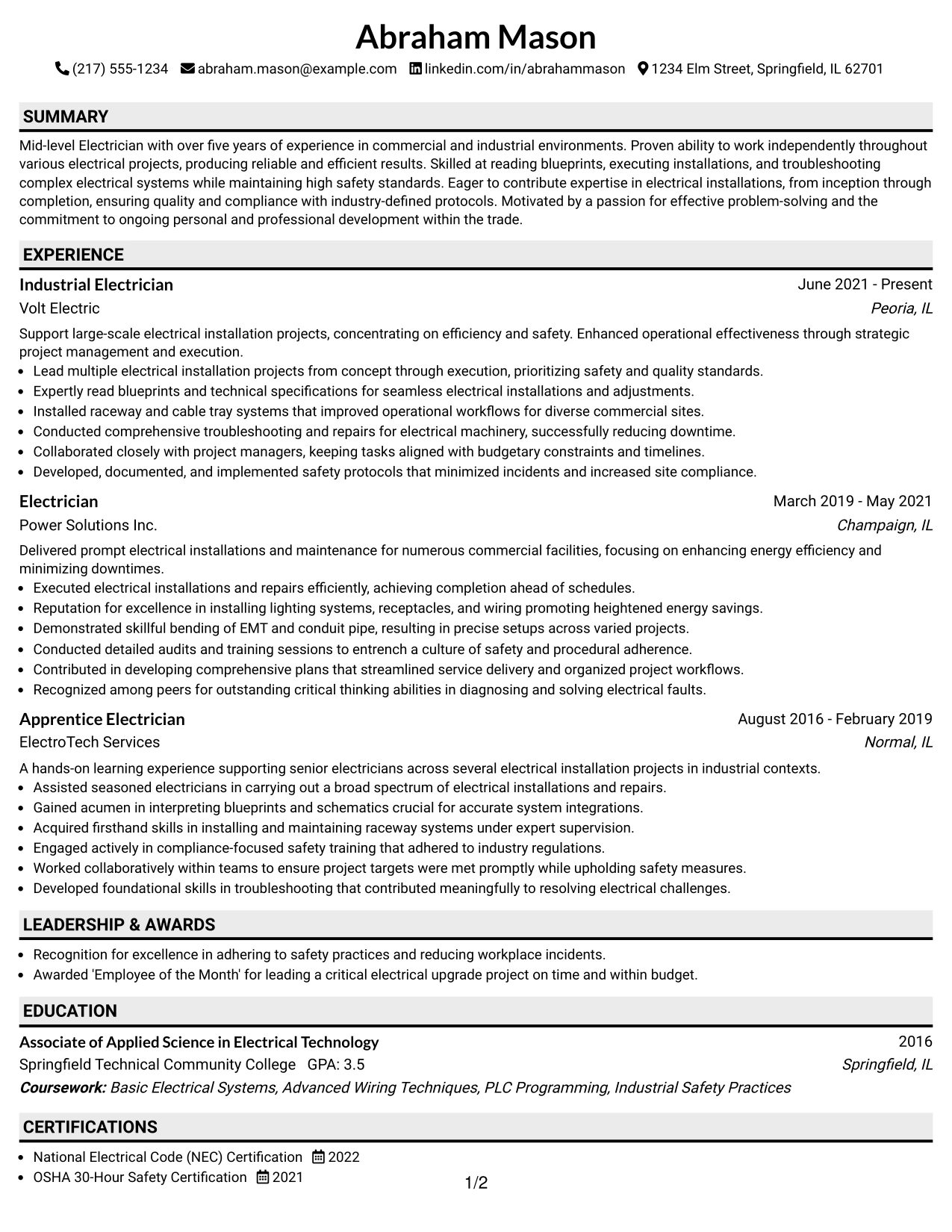 Resume Example Page 1