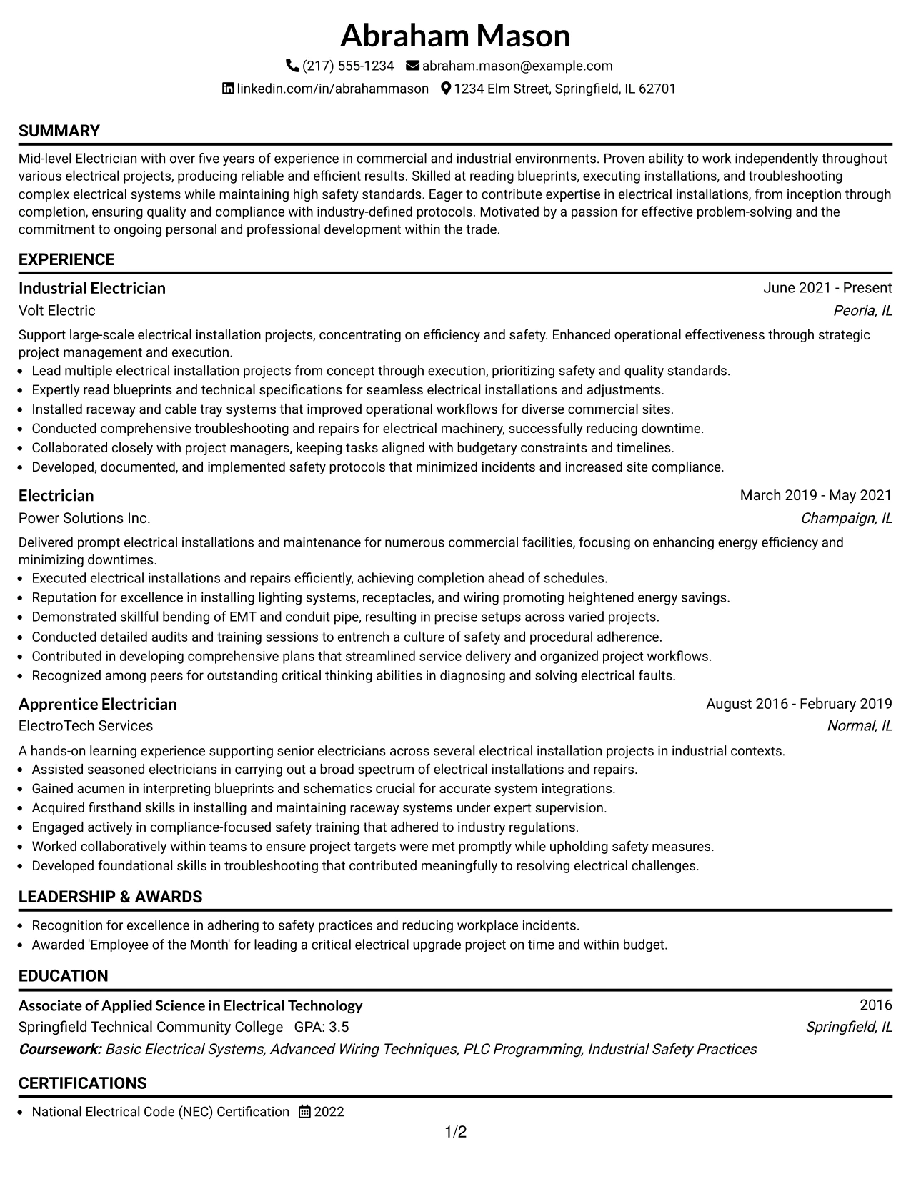 Resume Example Page 1