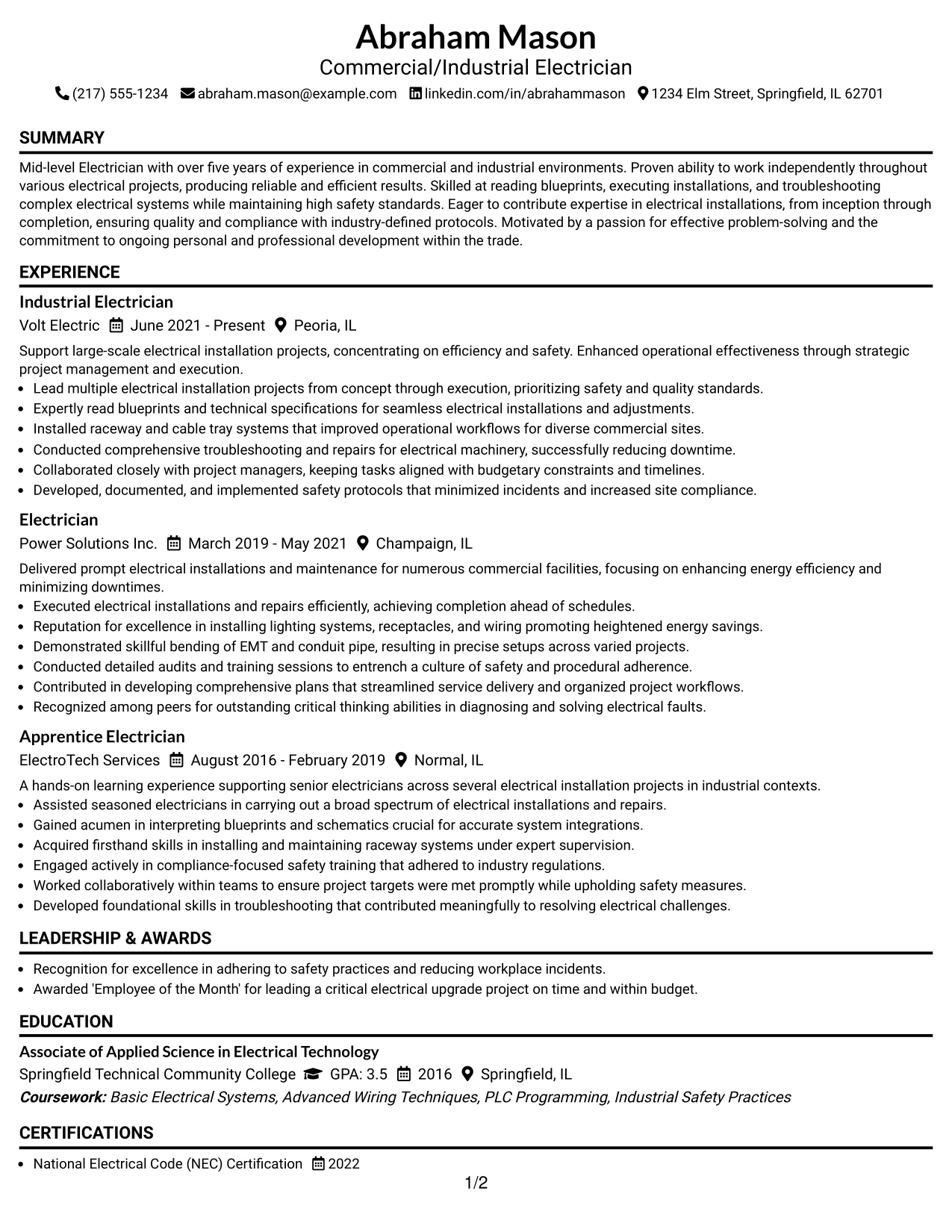 Resume Example Page 1