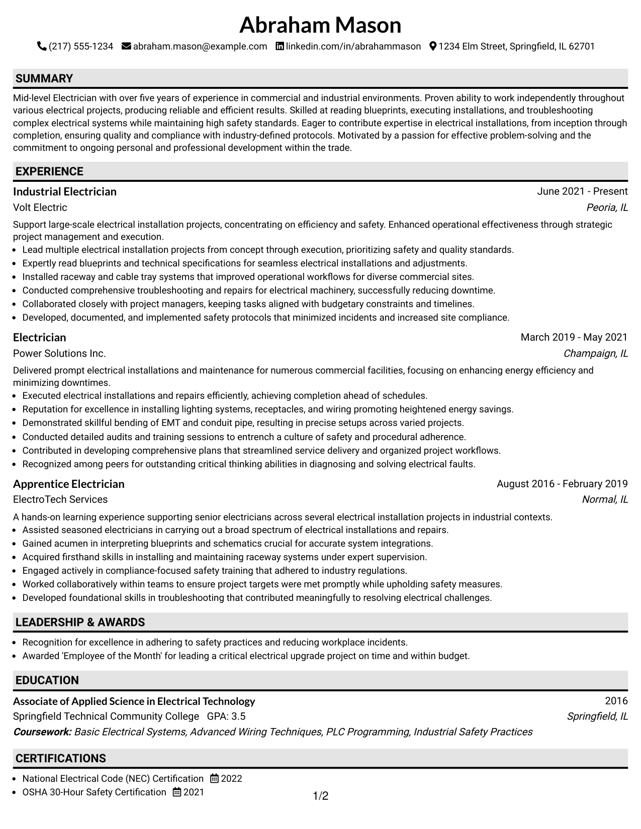 Resume Example Page 1