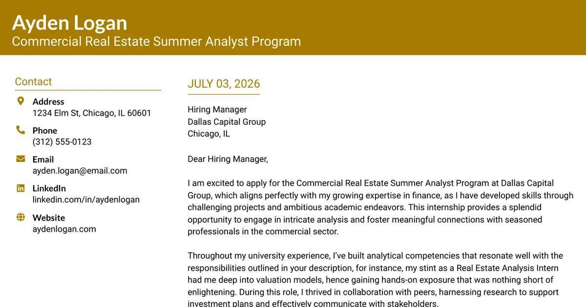 30+ Commercial Real Estate Summer Analyst Program Cover Letter Templates with Example 2026