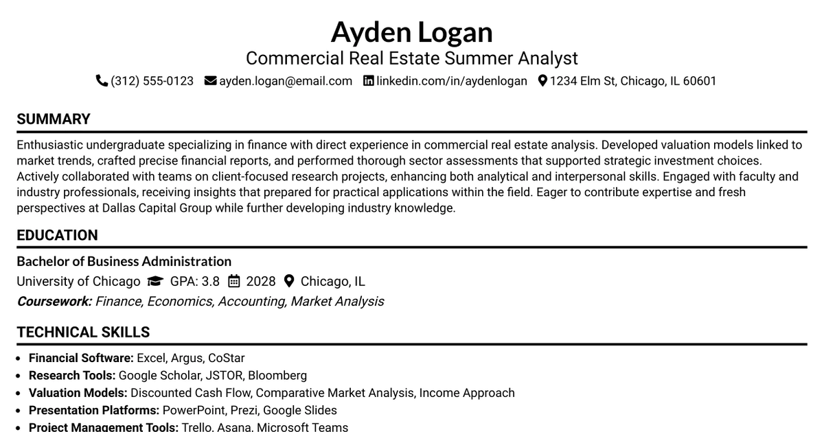 33 Commercial Real Estate Summer Analyst Program Resume Templates with Example 2026 (ATS-Optimized)