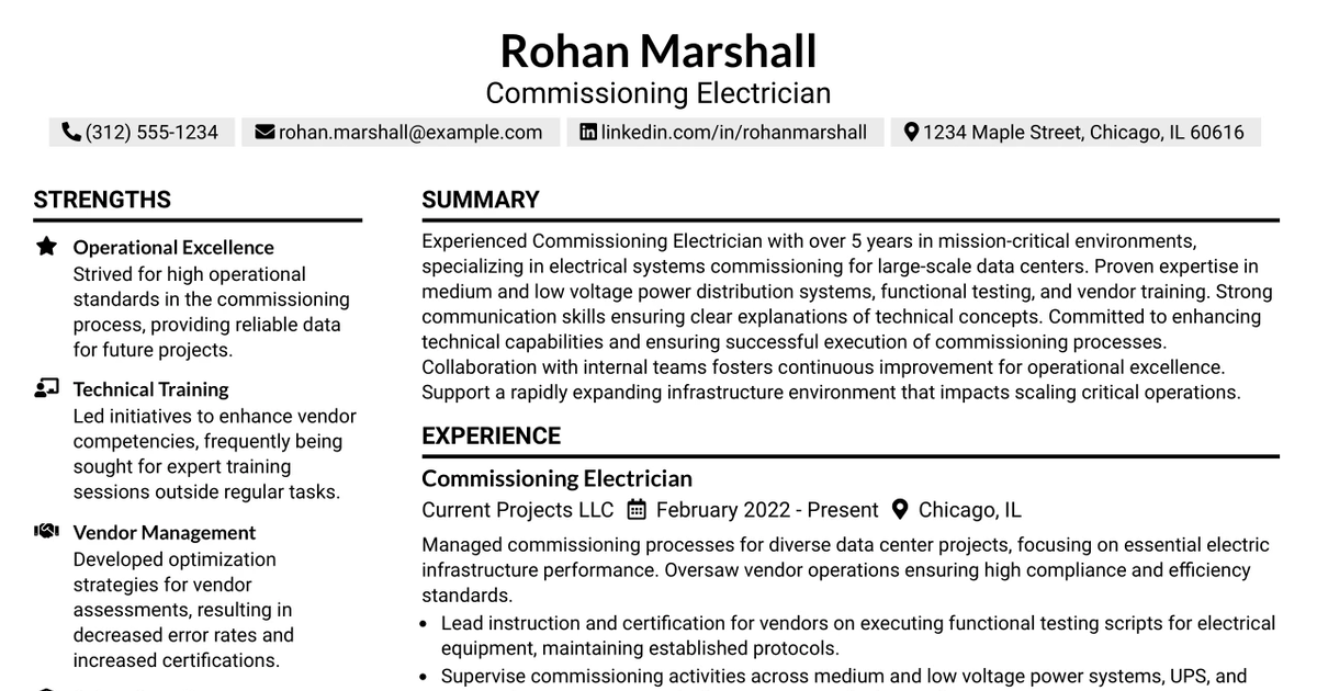 33 Commissioning Electrician Resume Templates with Example 2026 (ATS-Optimized)