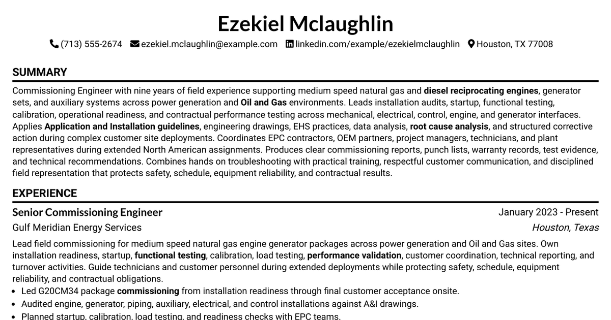 7 Commissioning Engineer - G20CM34 Resume Templates with Example