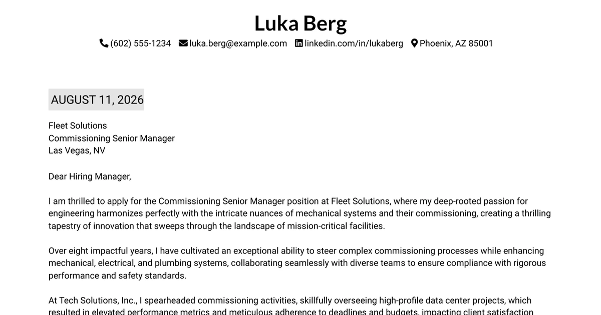 30+ Commissioning Senior Manager, Mechanical Cover Letter Templates with Example 2026