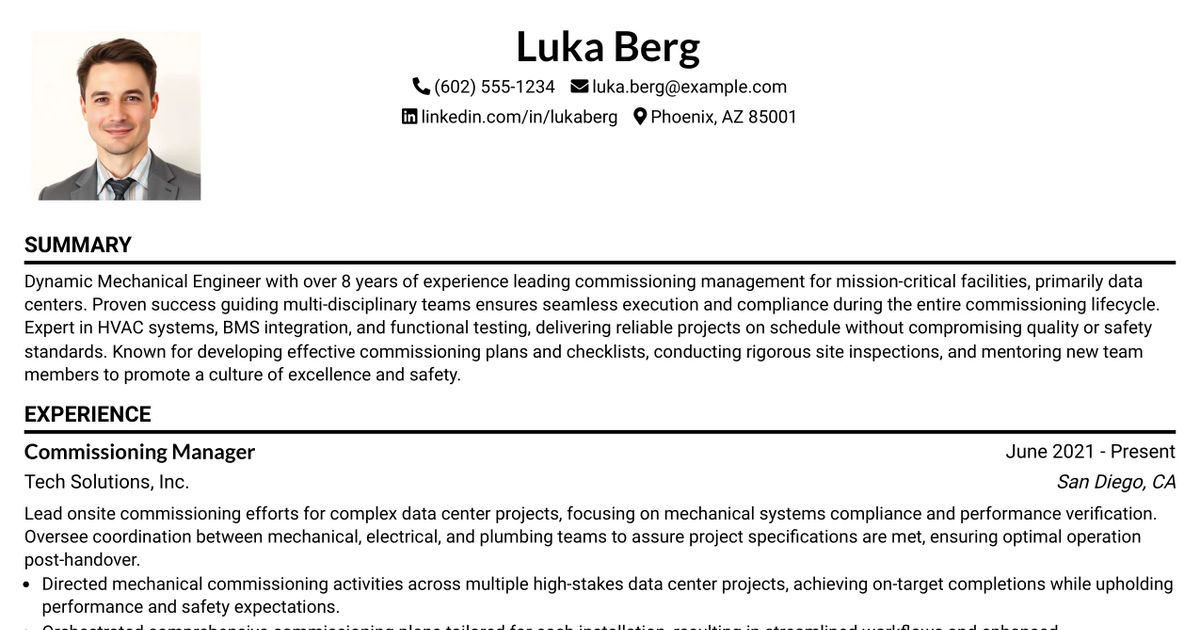 33 Commissioning Senior Manager, Mechanical Resume Templates with Example 2026 (ATS-Optimized)