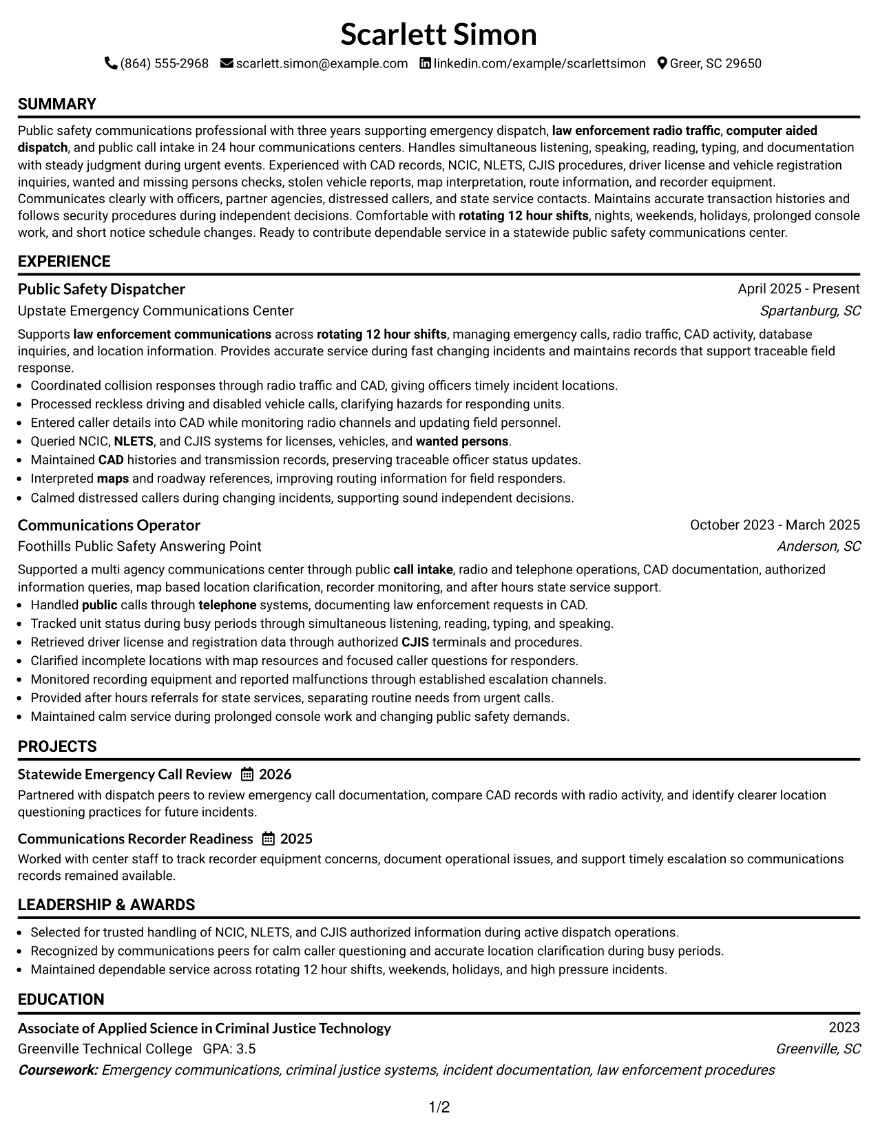 Resume Example Page 1