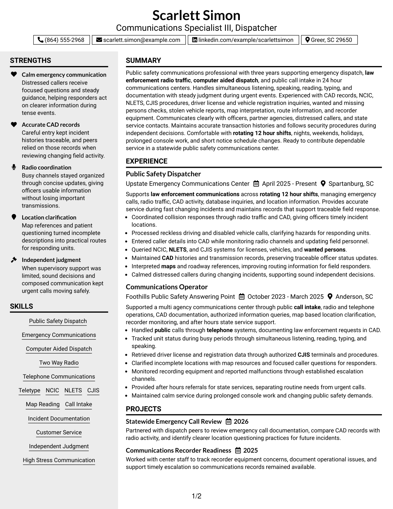 Resume Example Page 1