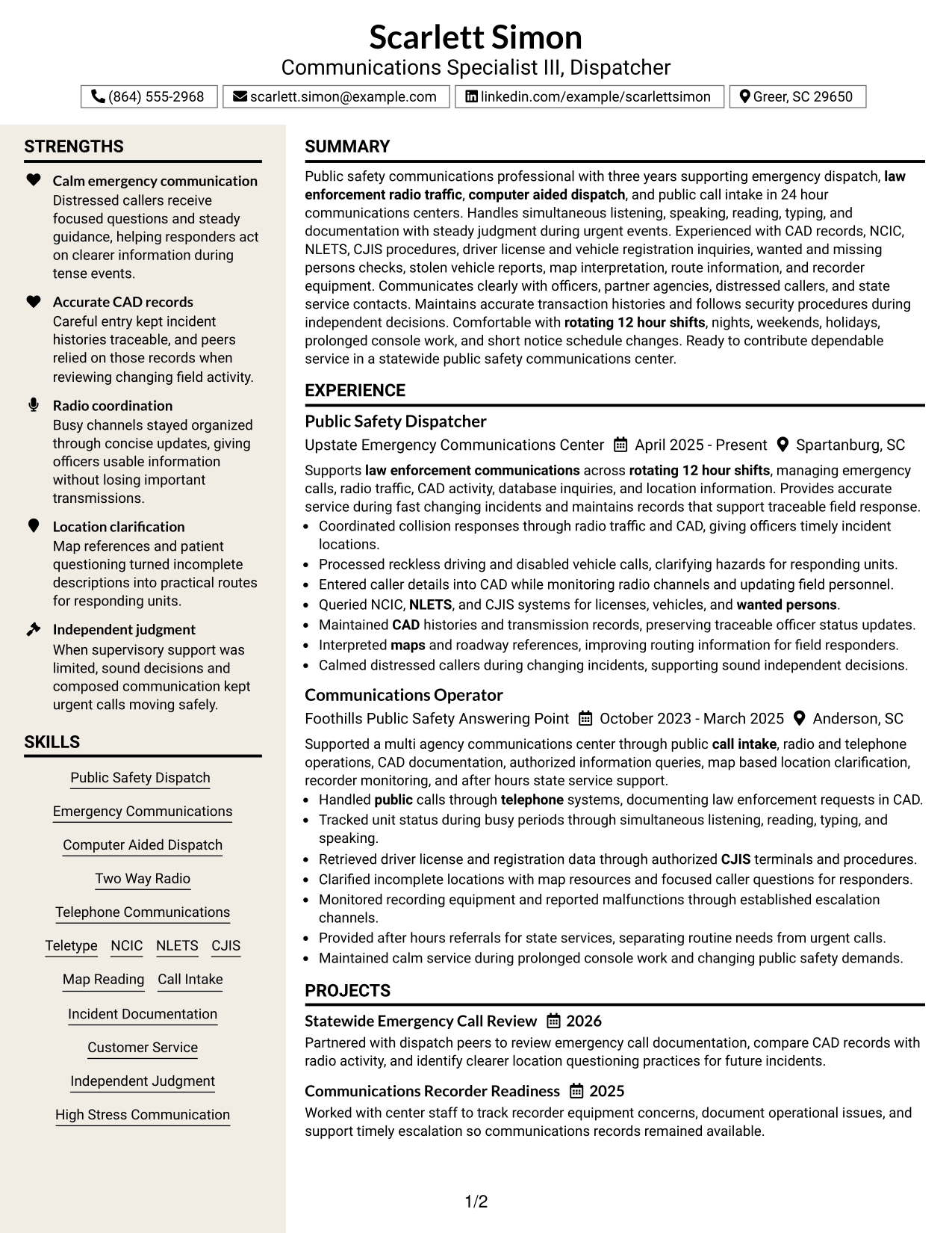 Resume Example Page 1