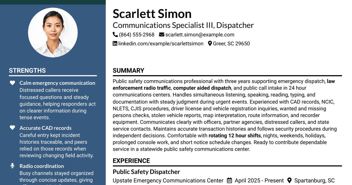 7 Communications Specialist III (Dispatcher) Resume Templates with Example