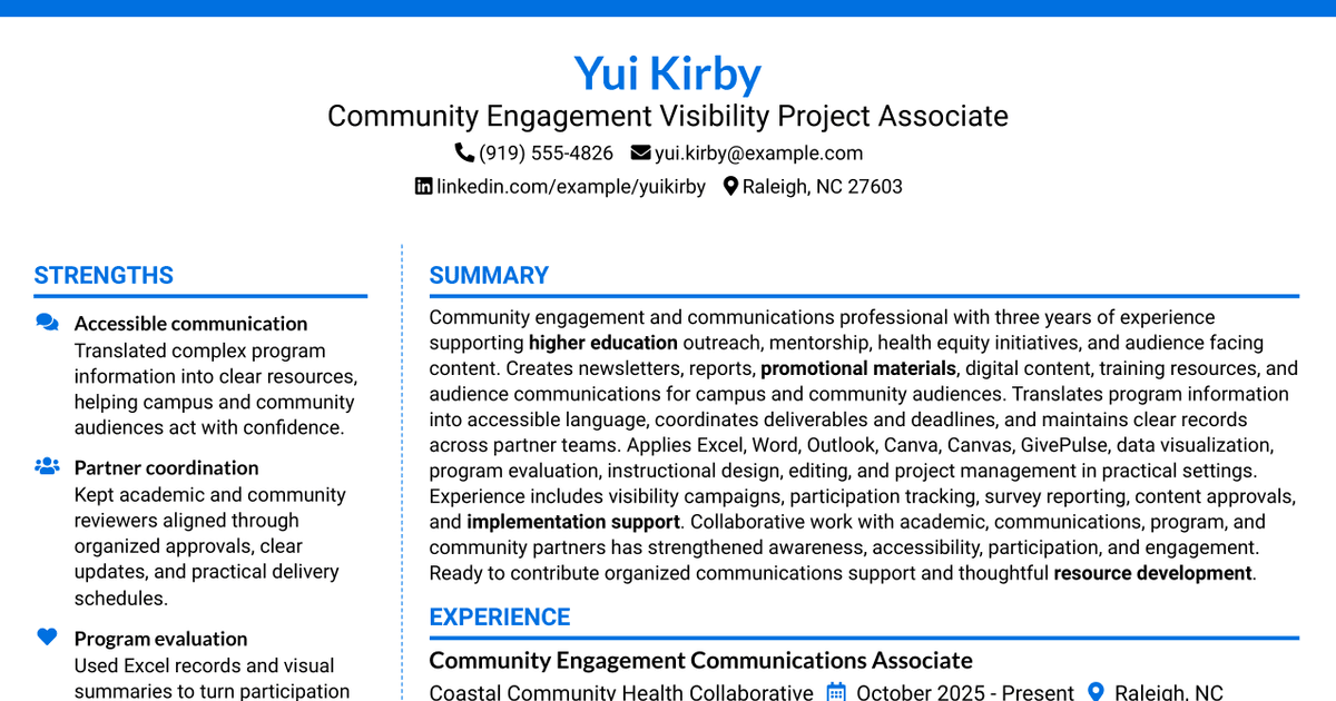 7 Community Engagement Visibility Project Associate Resume Templates with Example