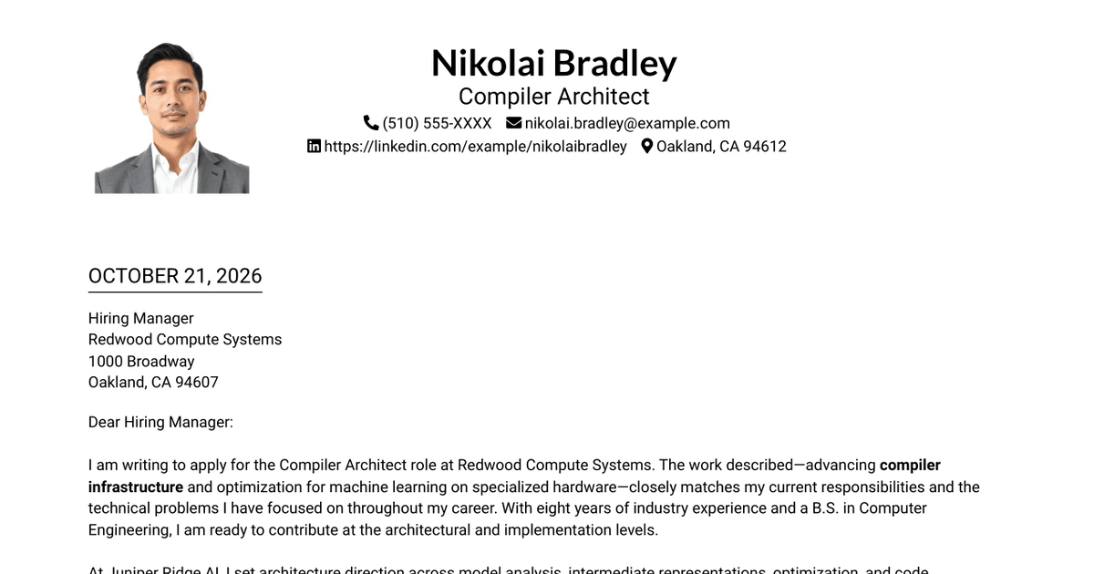 7 Compiler Architect - Machine Learning Compilers Cover Letter Templates with Example