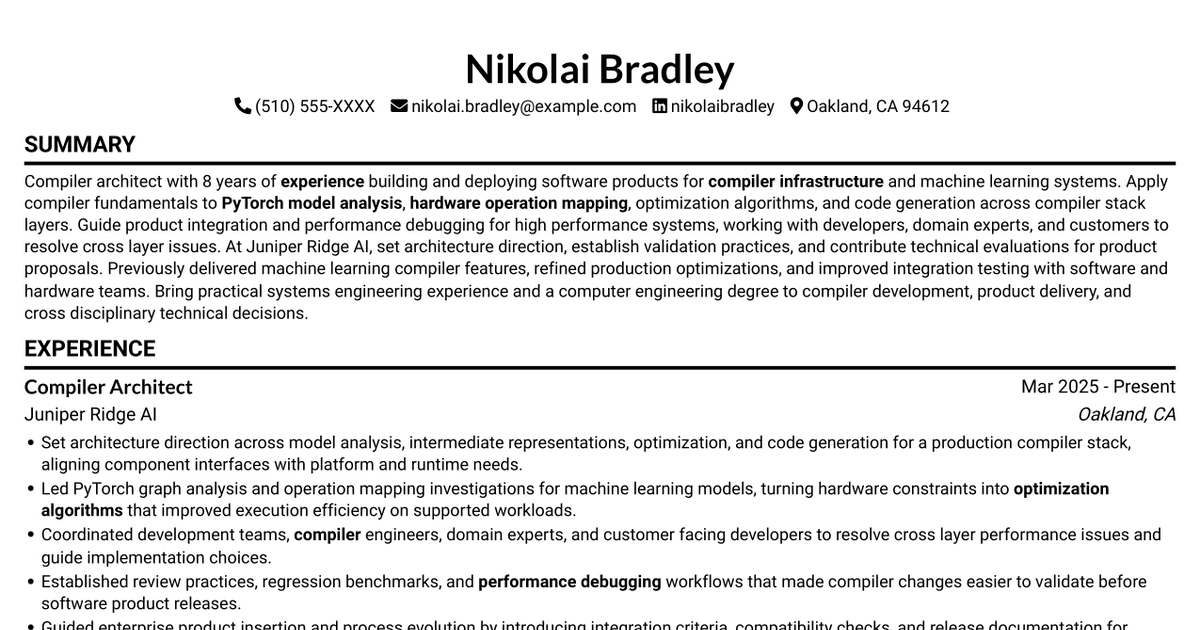 7 Compiler Architect - Machine Learning Compilers Resume Templates with Example