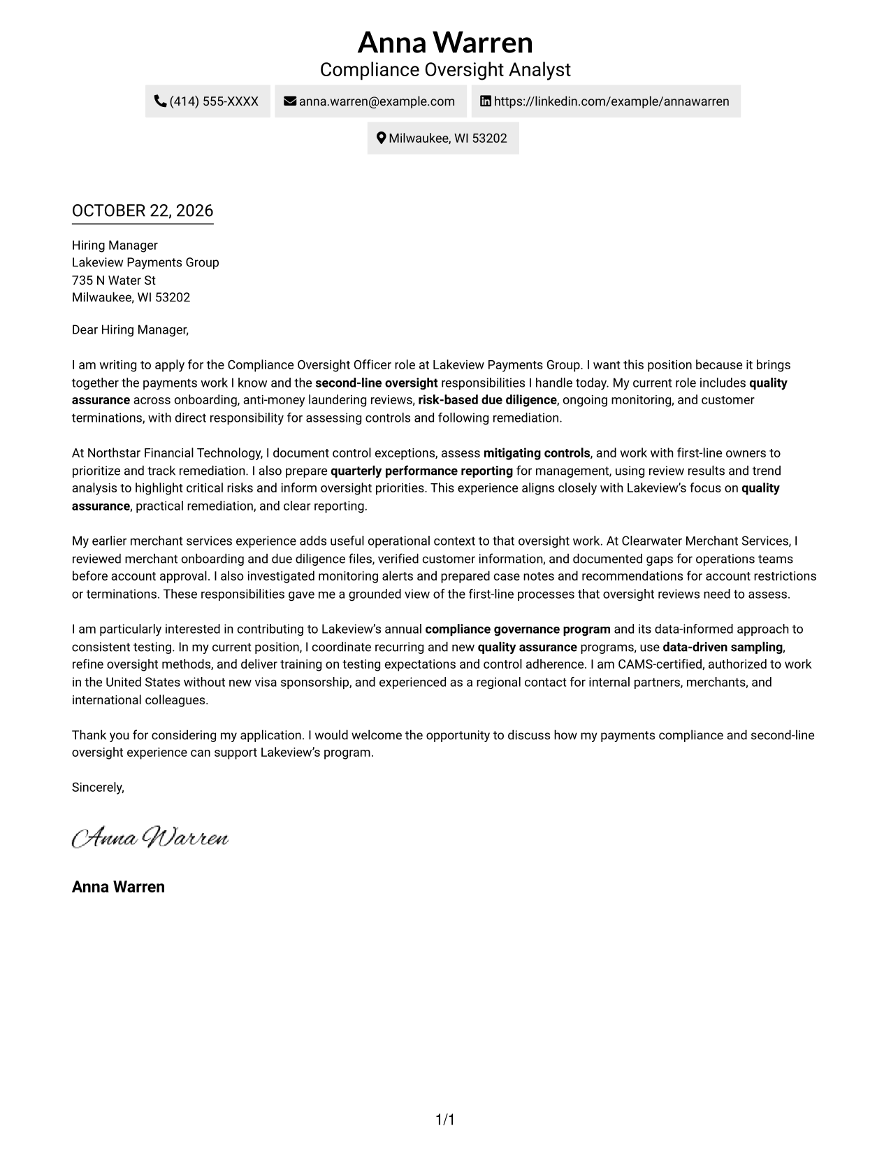 Cover letter example — page 1