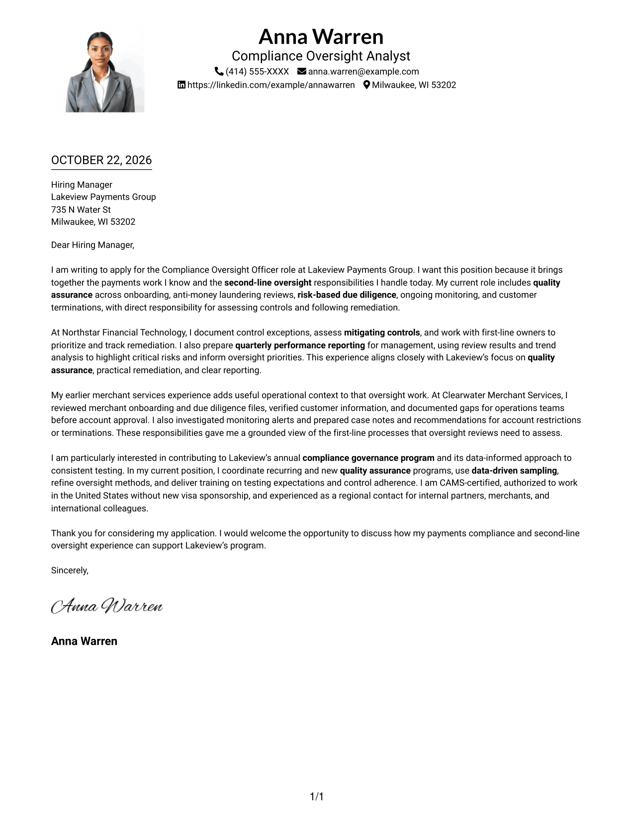 Cover letter example — page 1