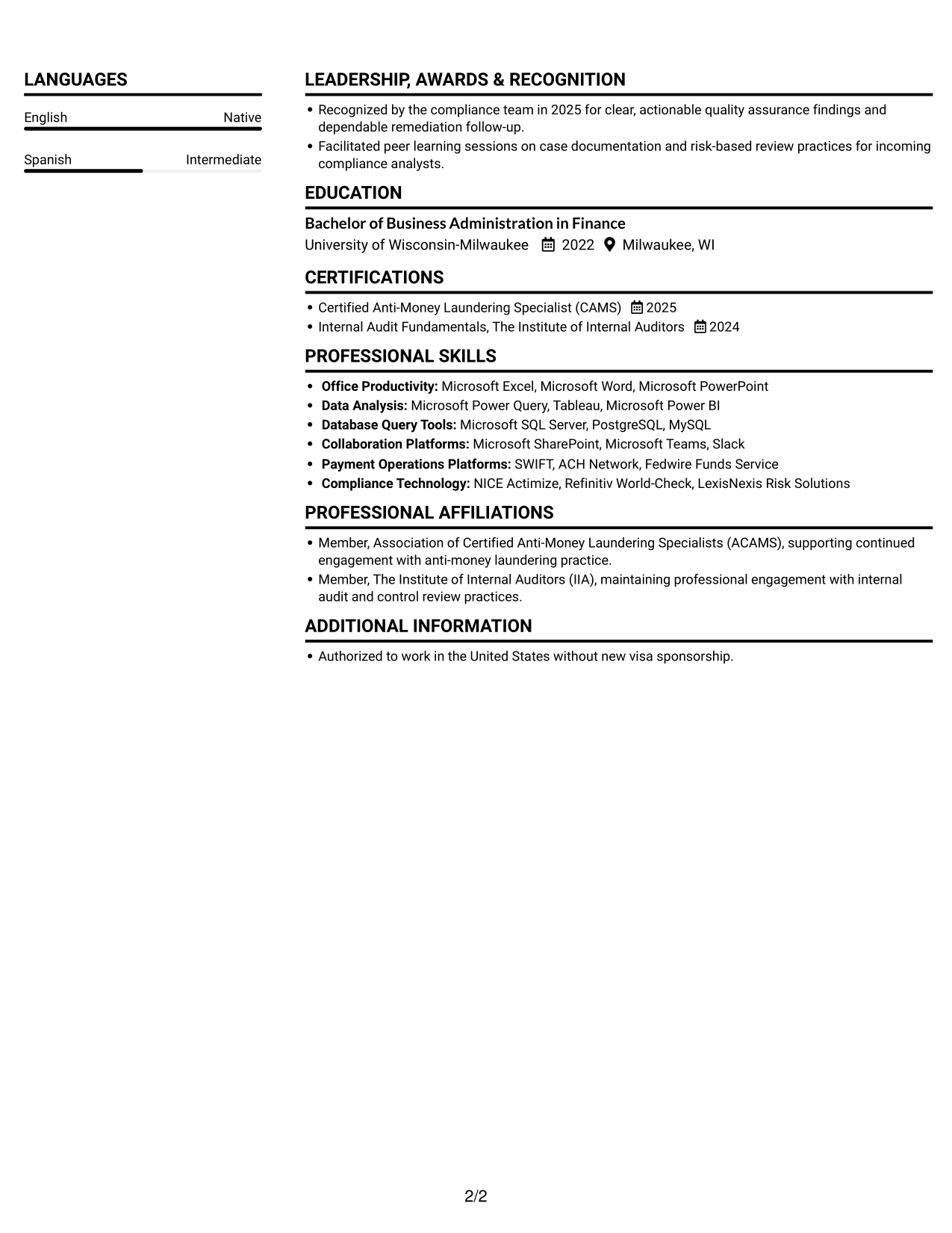 Resume example — page 2