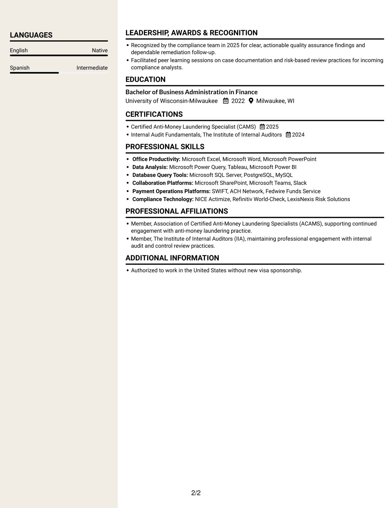 Resume example — page 2