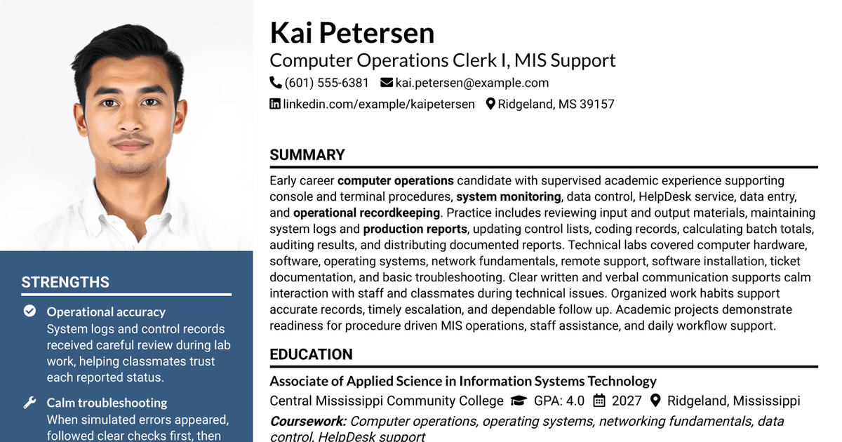 7 Computer Operations Clerk I - MIS Support Resume Templates with Example