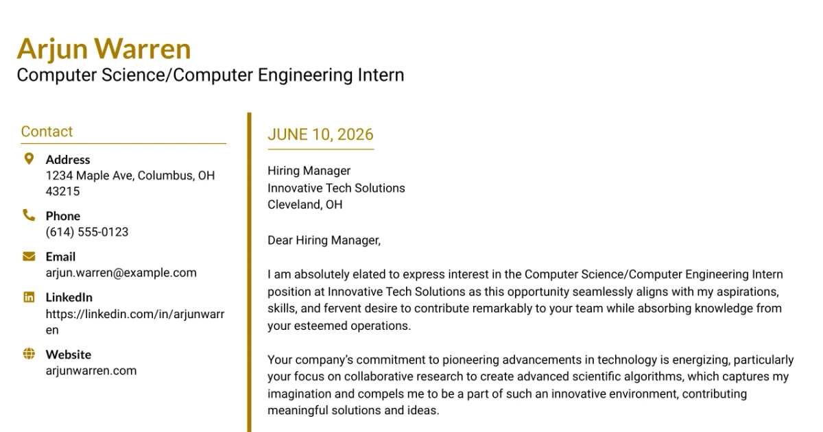 30+ Computer Science/Computer Engineering Intern Cover Letter Templates with Example 2026