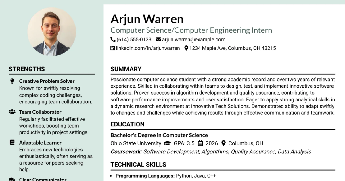 33 Computer Science/Computer Engineering Intern Resume Templates with Example 2026 (ATS-Optimized)