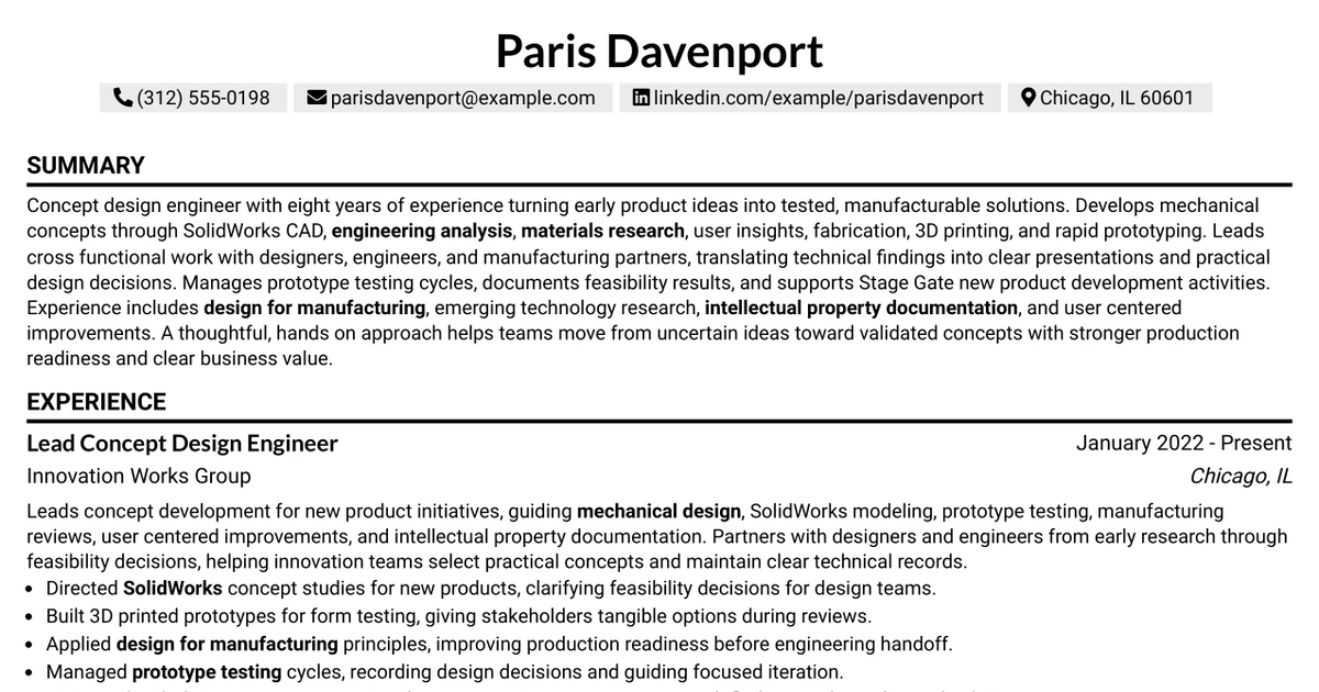 33 Concept Design Engineer - Product Innovation Resume Templates with Example