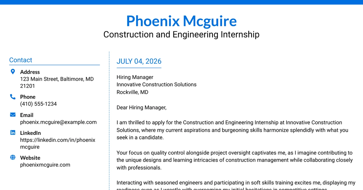 30+ Construction and Engineering Internship Cover Letter Templates with Example 2026