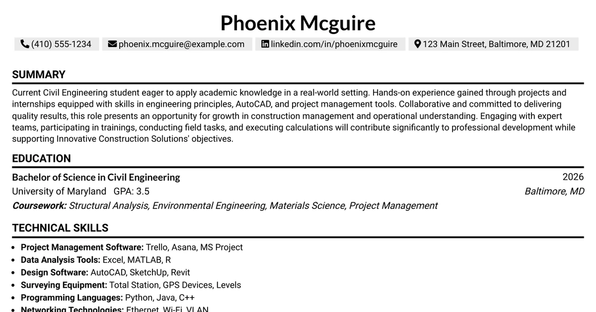 33 Construction and Engineering Internship Resume Templates with Example 2026 (ATS-Optimized)