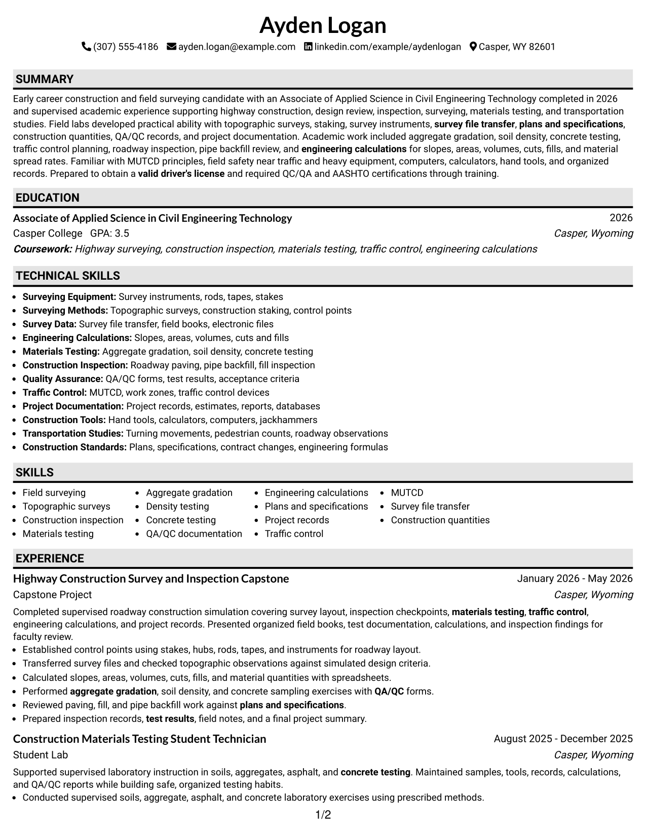 Resume Example Page 1