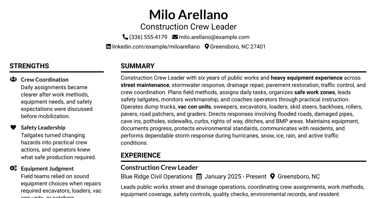 7 Construction Crew Leader Resume Templates with Example
