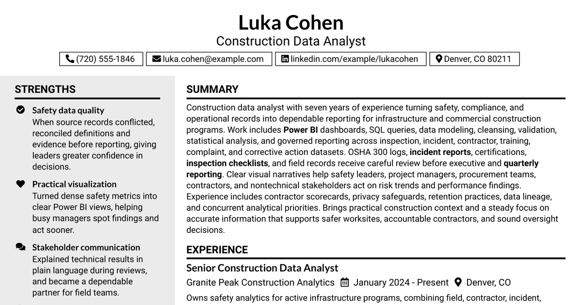 7 Construction Data Analyst Resume Templates with Example