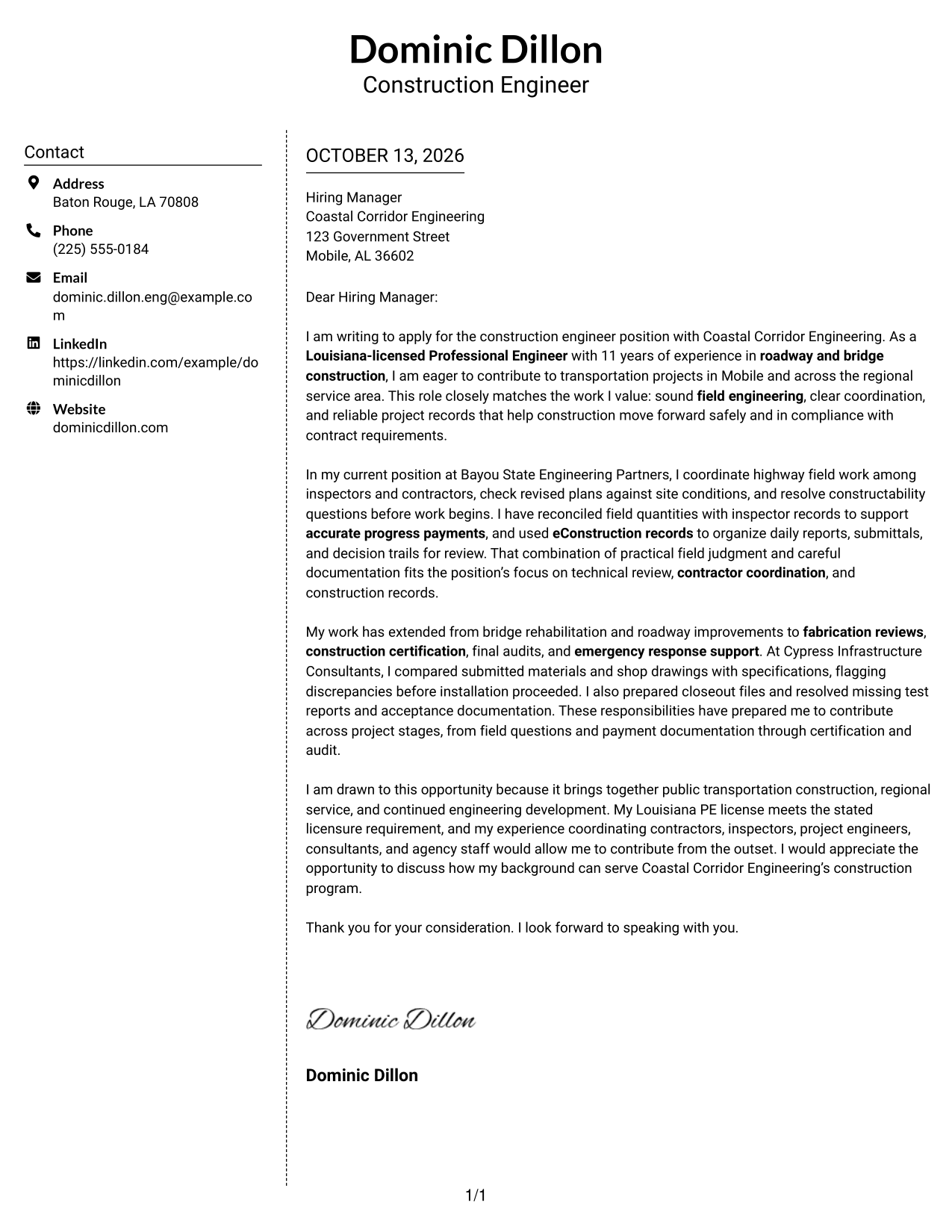 Cover Letter Example Page 1