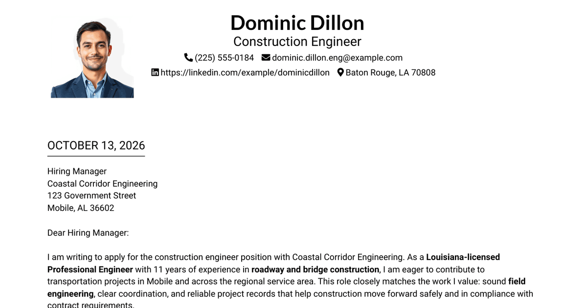 7 Construction Engineer - Transportation Infrastructure Cover Letter Templates with Example