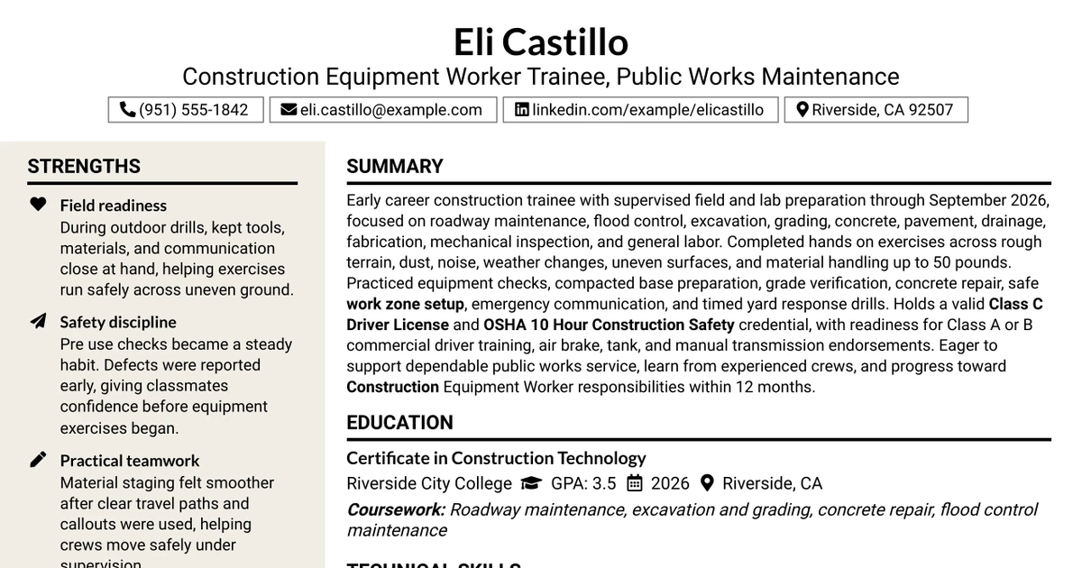 33 Construction Equipment Worker Trainee - Public Works Maintenance Resume Templates with Example 2026 (ATS-Optimized)