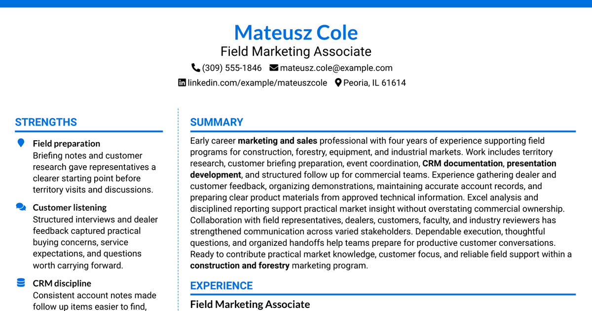 7 Construction & Forestry Field Representative Program Resume Templates with Example