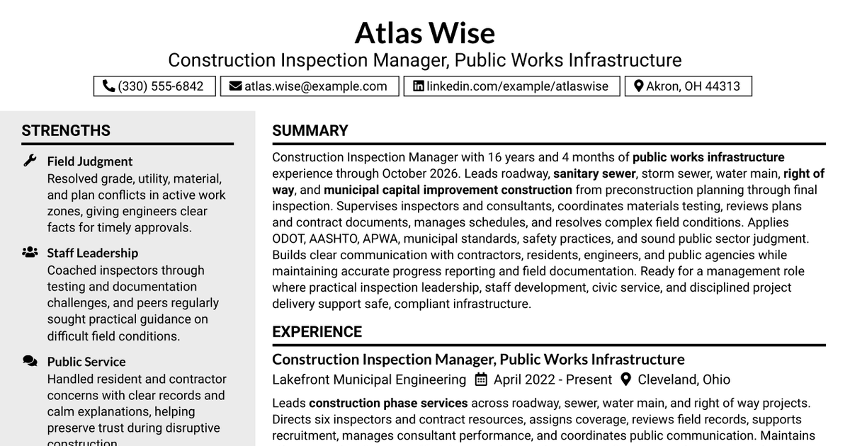 7 Construction Inspection Manager Resume Templates with Example