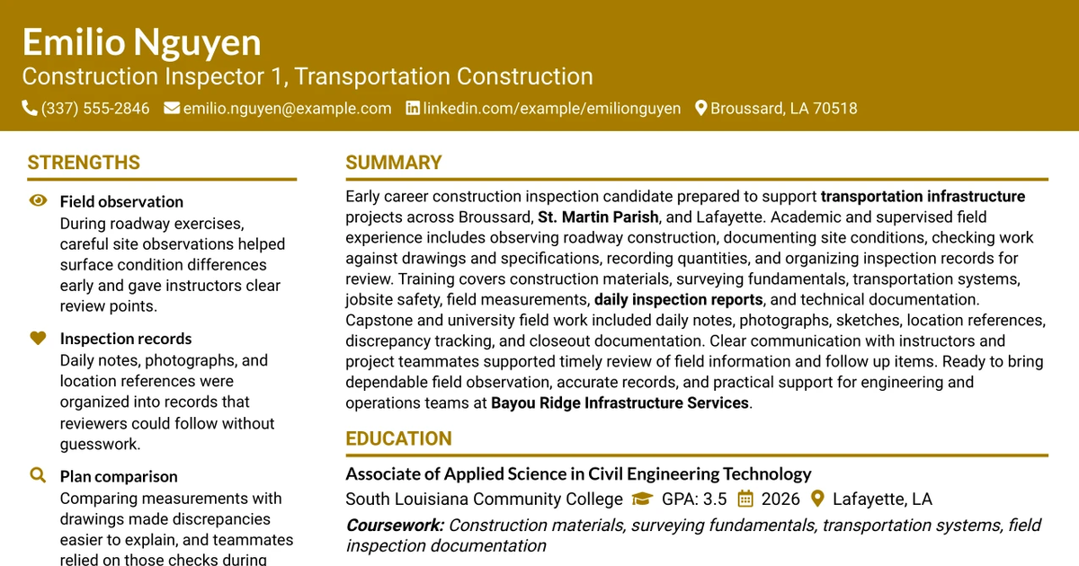 33 Construction Inspector 1 - Transportation Construction Resume Templates with Example 2026 (ATS-Optimized)
