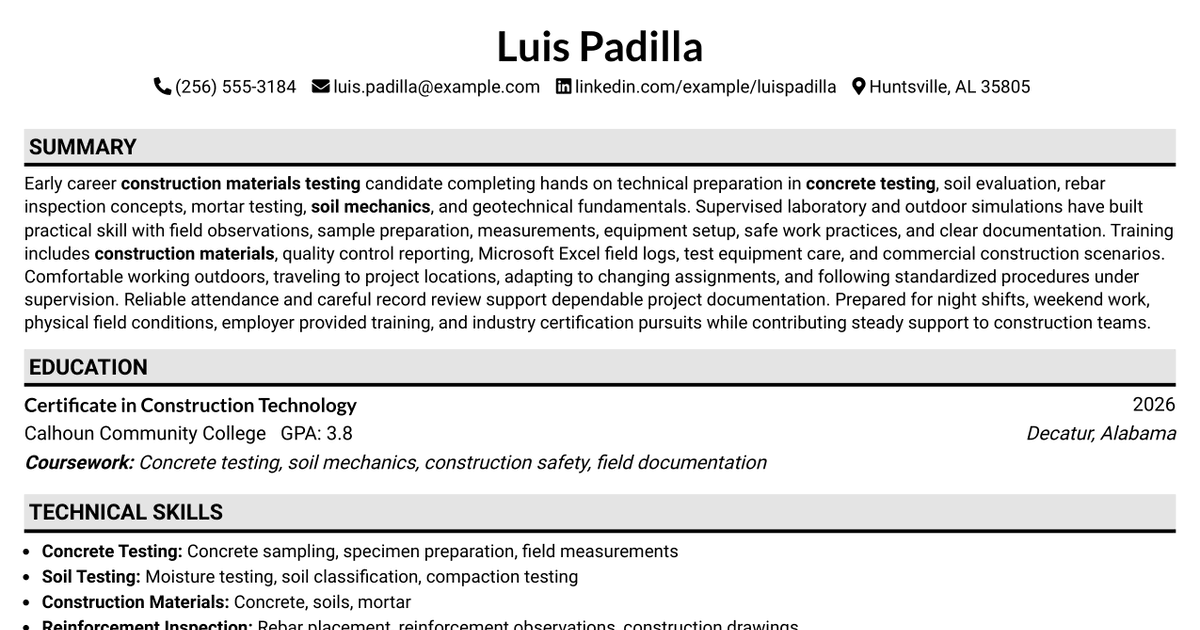 7 Construction Materials Testing Field Technician Trainee Resume Templates with Example