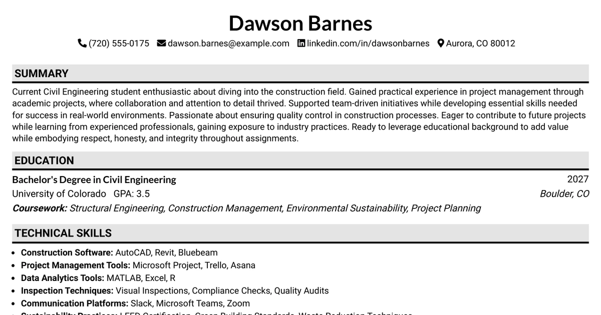 33 Construction Project Engineer Intern Resume Templates with Example 2026 (ATS-Optimized)