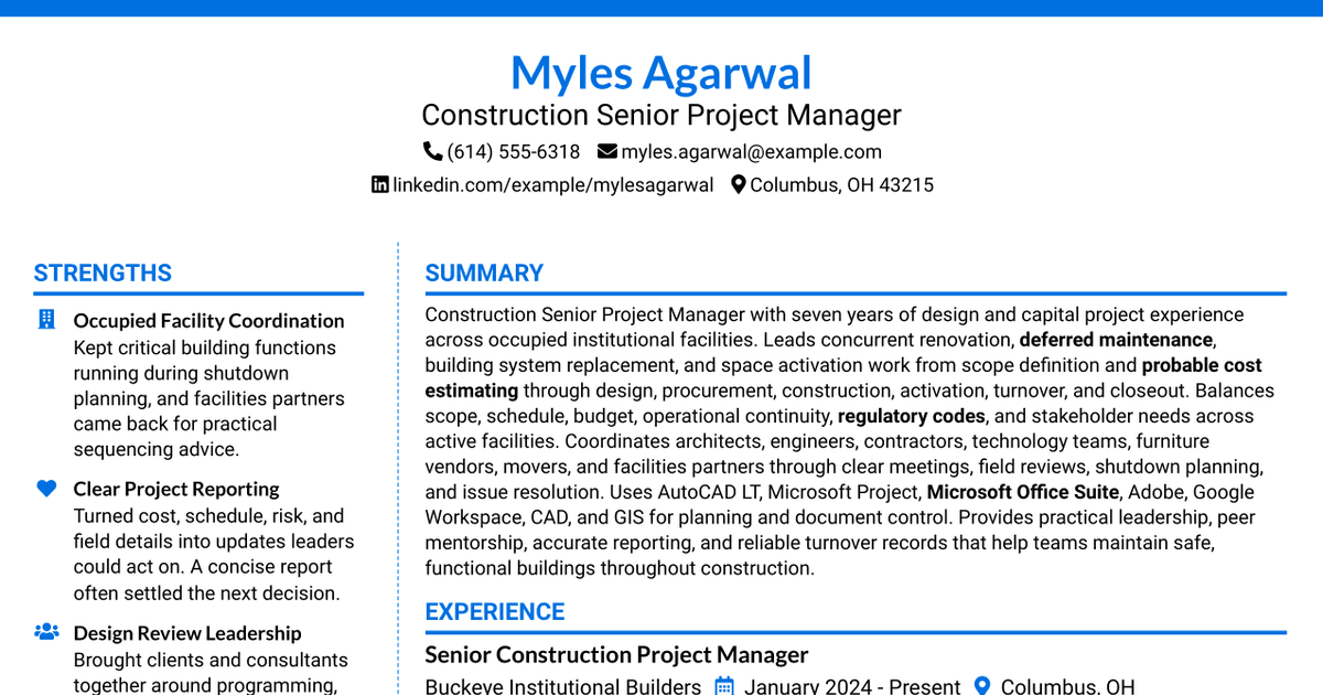7 Construction Senior Project Manager Resume Templates with Example