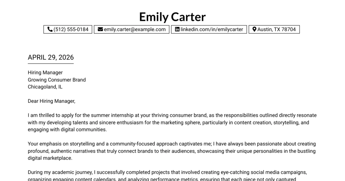 30+ Content Creation Marketing Internship Cover Letter Templates with Example 2026