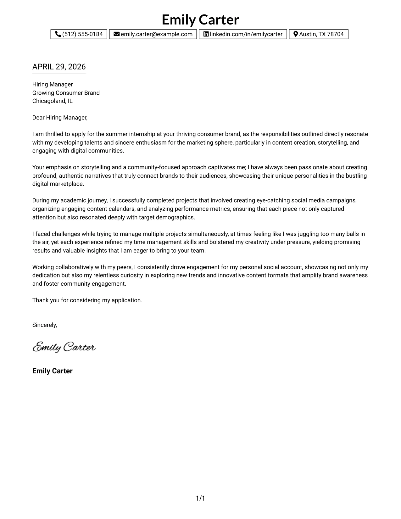 Content Creation Marketing Internship Cover Letter Example One Column Boxed Contact Header Format