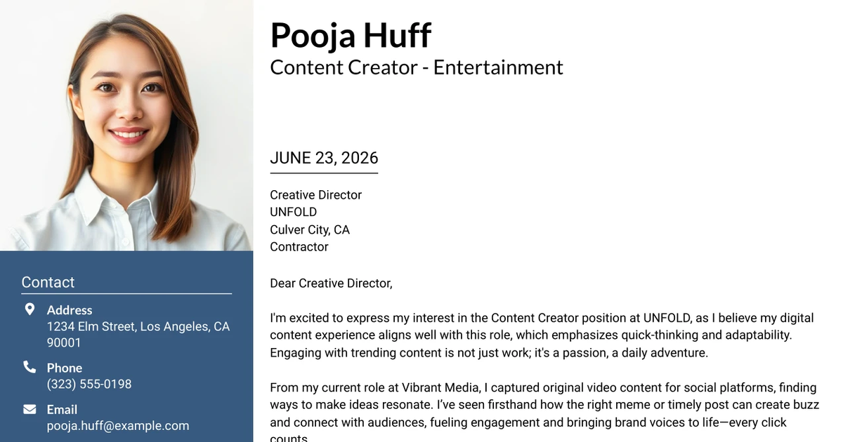 30+ Content Creator - Entertainment Cover Letter Templates with Example 2026