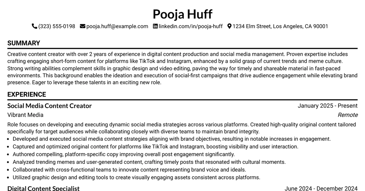 33 Content Creator - Entertainment Resume Templates with Example 2026 (ATS-Optimized)