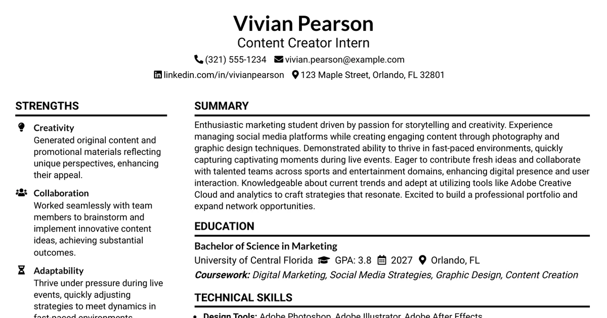 33 Content Creator Internship Resume Templates with Example 2026 (ATS-Optimized)